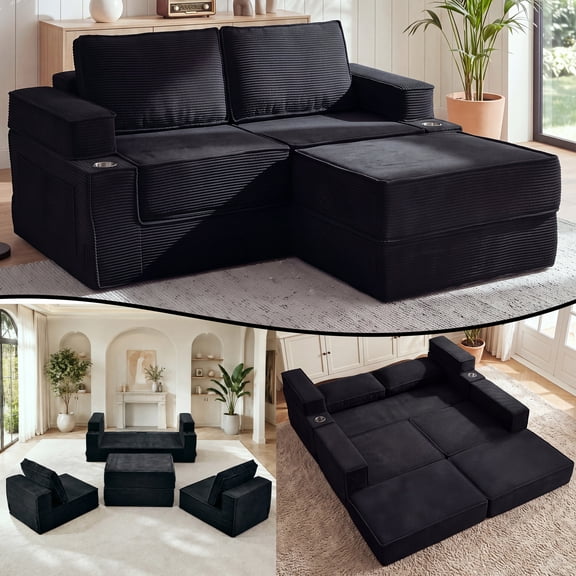 Holaki 5 in 1 Modular Sectional Sofa with Movable Ottoman, L-Shaped Convertible Boneless Couch for Living Room, Corduroy Deep Seat Sofa, Black