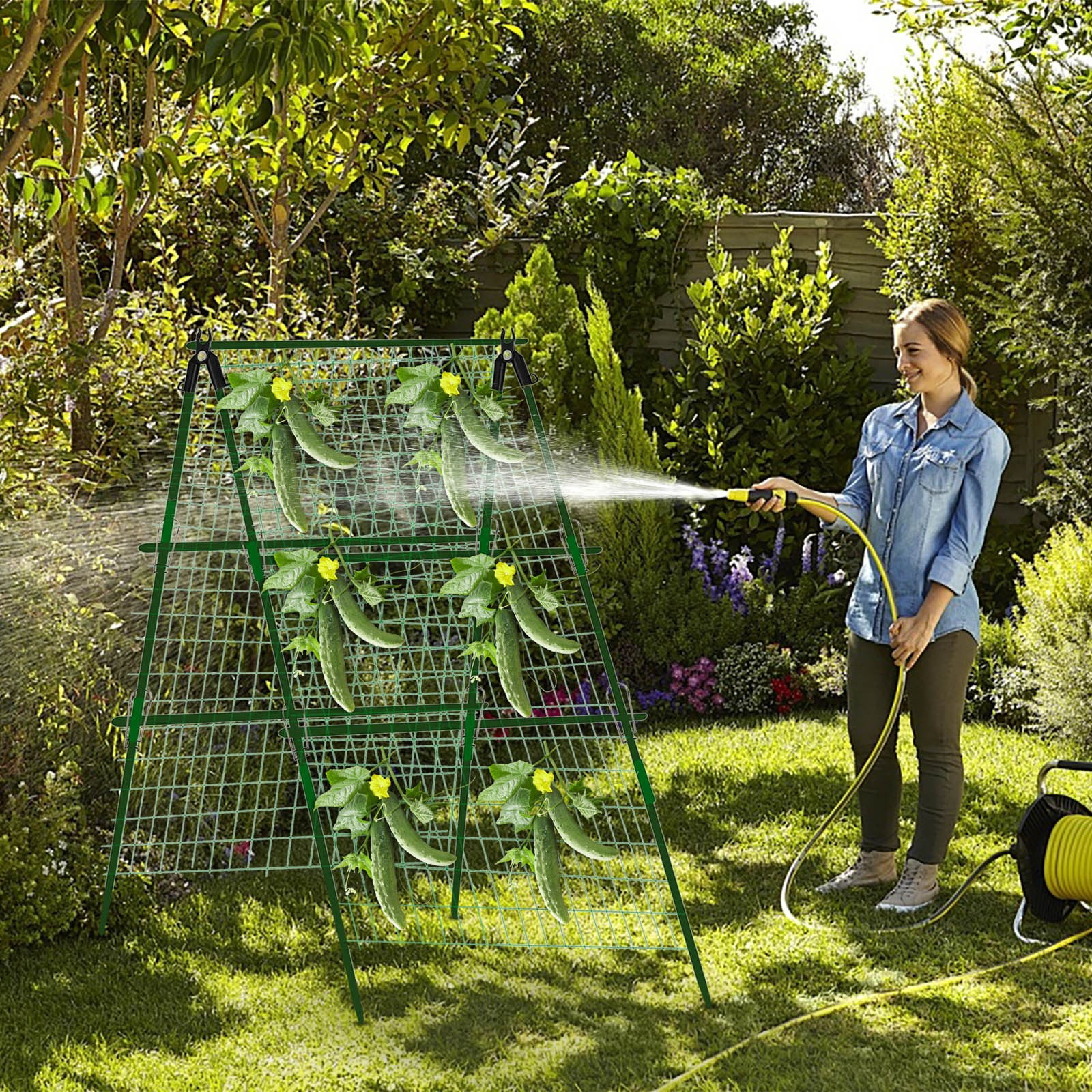 A-Frame Plastic Garden Trellis Set for Raised Bed for Climbing Plants Outdoor-Detachable Cucumber Climbing Trellis with Net Clips-Garden for Cucumber Flowers Vegetables(Color)