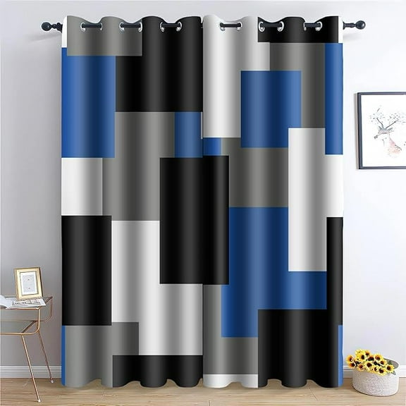 Blue Black Blackout Curtains For Bedroom, White Modern Abstract Geometric Curtains Insulated Room Darkening Window Drapes For Living Room 53"W x 96"L (Pack of 2)