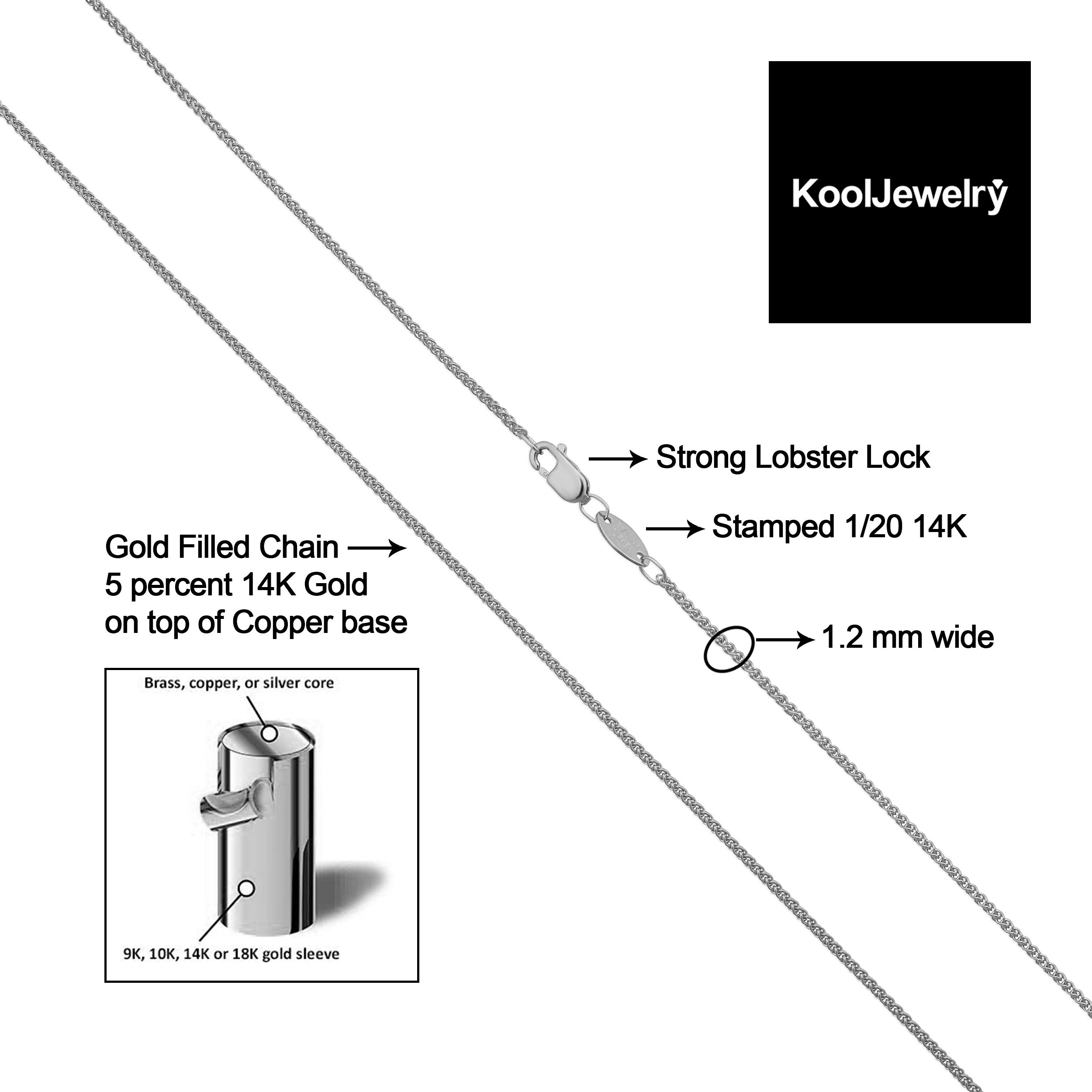KoolJewelry 14k White Gold Filled Round Wheat Chain Pendant Necklace (1.2 mm, 30 inch)