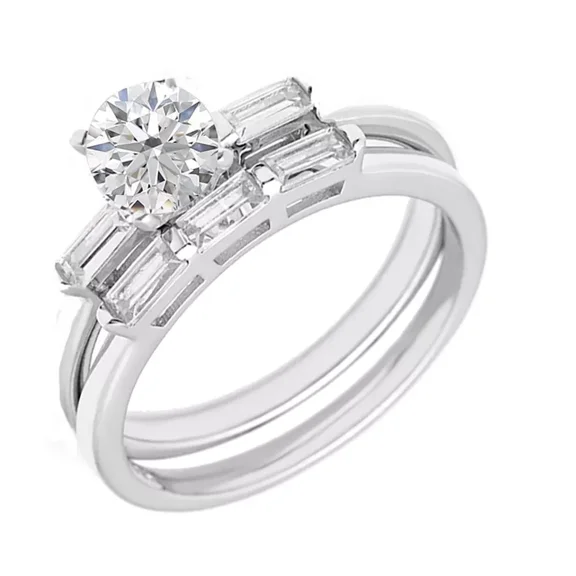 Three Stone Diamond Bridal Ring Set, Two Ring Bridal Set, Round And Baguette Diamond Engagement Ring Set, 14K White Gold Plated, 2.4 Ct Simulated Diamond