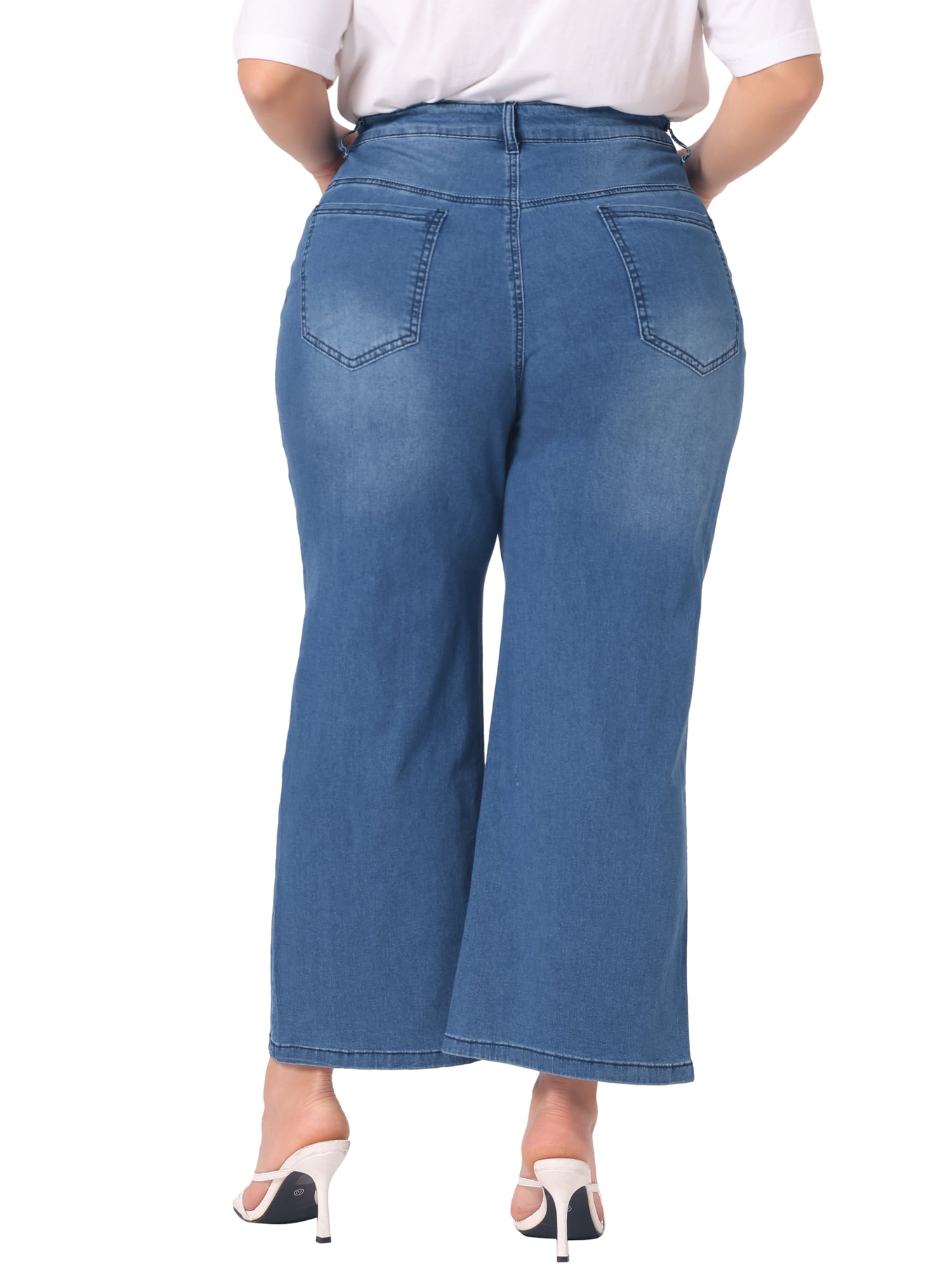 DARING DIVA Women's Plus Stretchy Washed Button Wide Leg Jeans Palazzo Pants 3X Blue