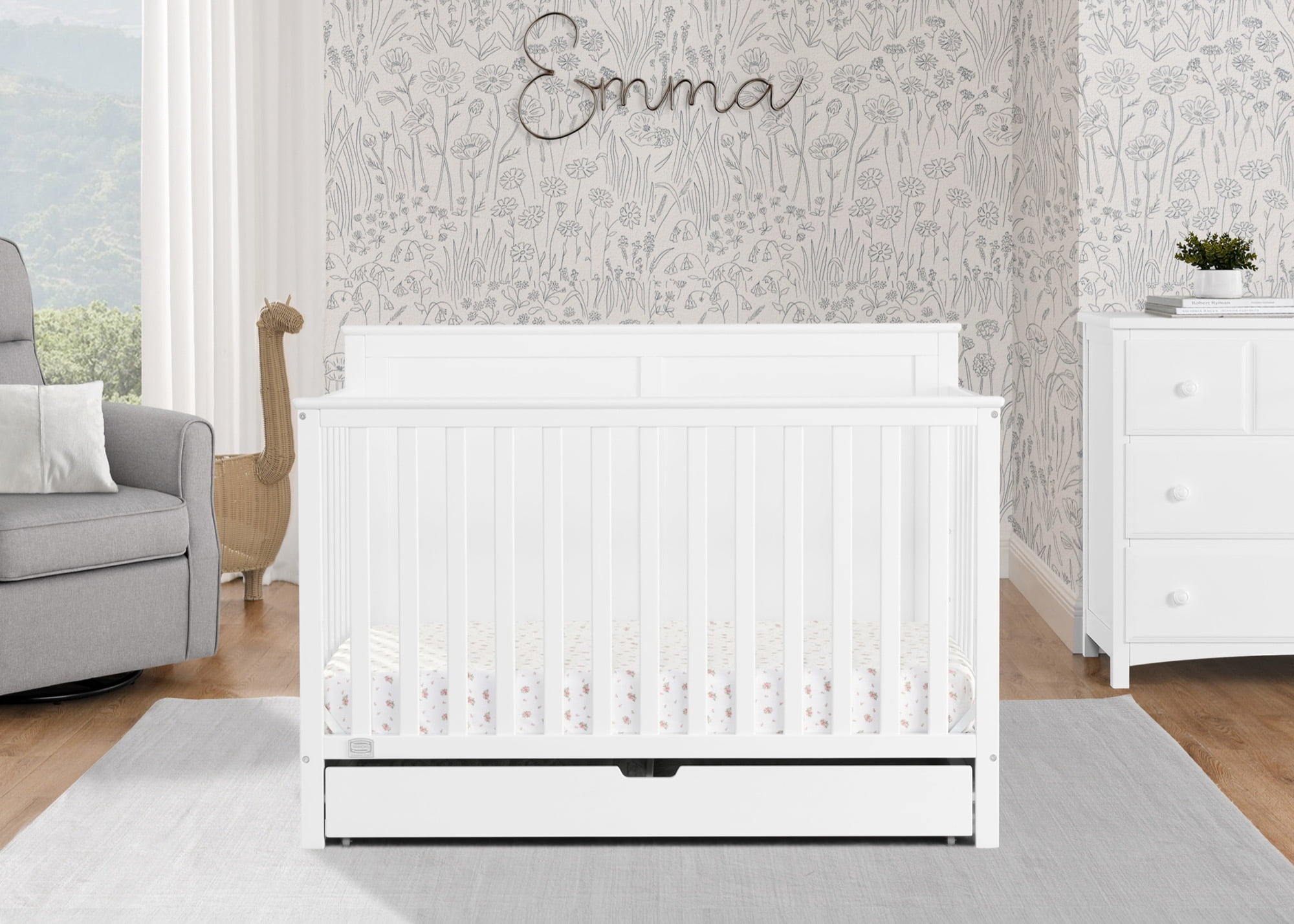 Simmons Kids Logan 6-in-1 Convertible Crib w/ Drawer, Greenguard Gold Certified, Converts to Toddler Bed, Daybed, Sofa & Full-Size Bed w/ & w/o Headboard, Fits Standard Crib Mattress, Bianca White