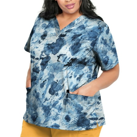 

Sksloeg Womens Scrub Tops Plus Size Tie-dye Printed Scrub Shirt Tops Short Sleeve V-Neck Working Uniform Workwear with Pocket Blue XXXXL