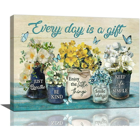 Farmhouse Bathroom Flower Decor Wall Art Every Day Is A Gift Butterfly Floral Inspirational Quotes Pictures Wall Decor Canvas Painting Prints Artwork Home Decorations Framed for Bedroom 20"x16"