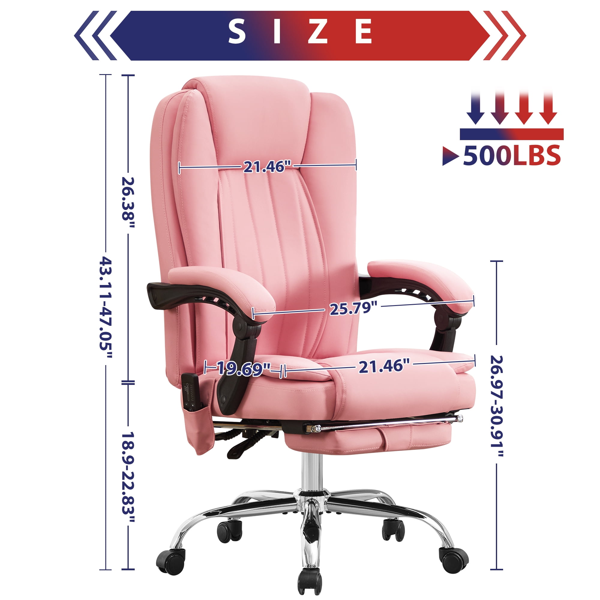 JONPONY Big and Tall Office Chair 500LBS Executive Office Chair Massage and Footrest Ergonomic Computer Desk Chair Reclining High Back Leather Office Chair Lumbar Back Support Swivel Rolling,Pink