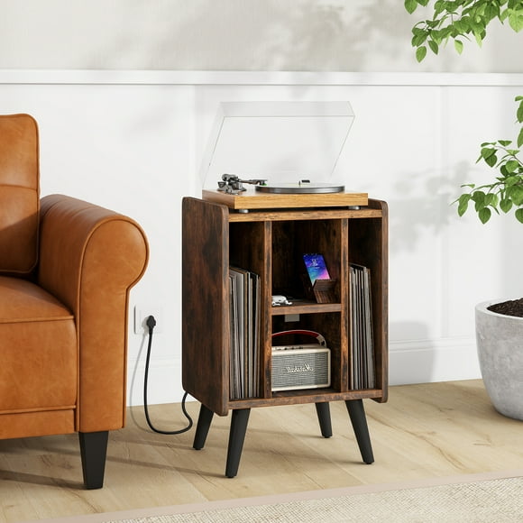 Giantex Record Player Stand w/Charging Station & USB Ports, Nightstand Sofa Side Table, Storage Cabinet, Album Display Shelf, Brown