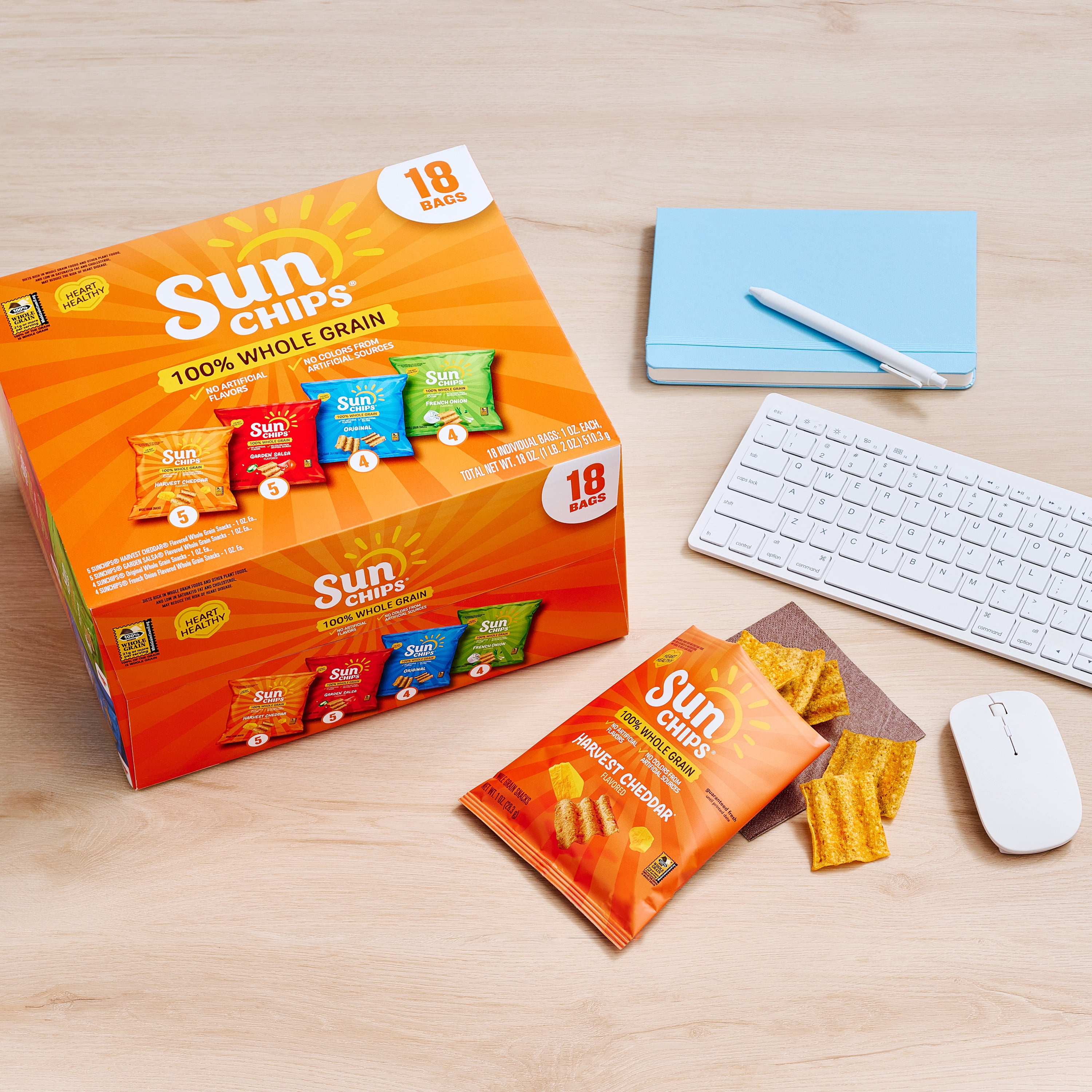 (4 pack) SunChips 100% Whole Grain Snacks, 4 Flavor Variety Pack, 1 oz, 18 Count