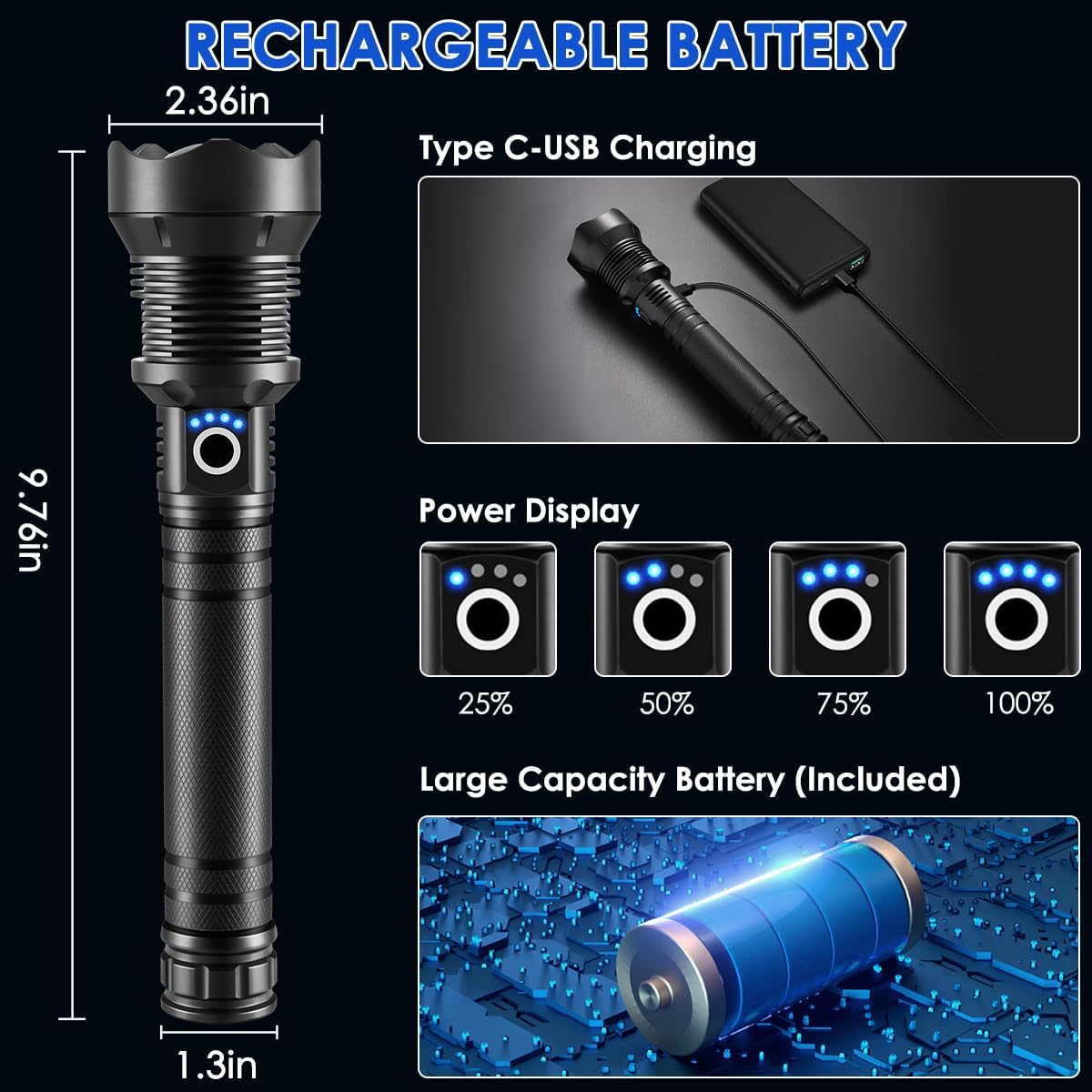 Flashlights High Lumen Rechargeable, Heavy Duty 990000 Lumens Rechargeable Flashlights, Adjustable Focus Tactical Flashlight with 5 Modes, Super Bright Flashlight for Home Camping