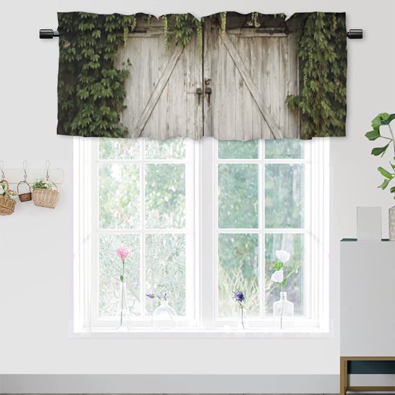 Rustic Wooden Barn Door Valance Rod Pocket Window Curtain for Kitchen Farmhouse Country Vintage Green Leaves Window Treatment Valance Curtains for Bathroom 54 by 18 in, 1 Panel