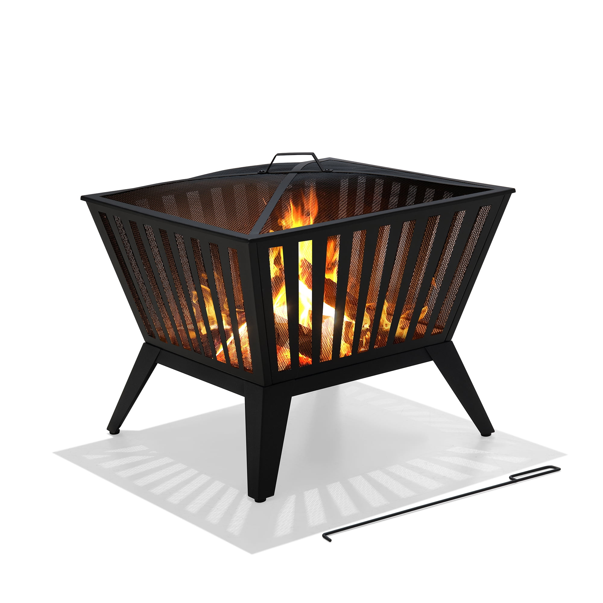 Sunjoy Firepit 28 Inch Wood Burning Fire Pit, Outdoor Black Steel Firepit with Fire Poker and Mesh cover