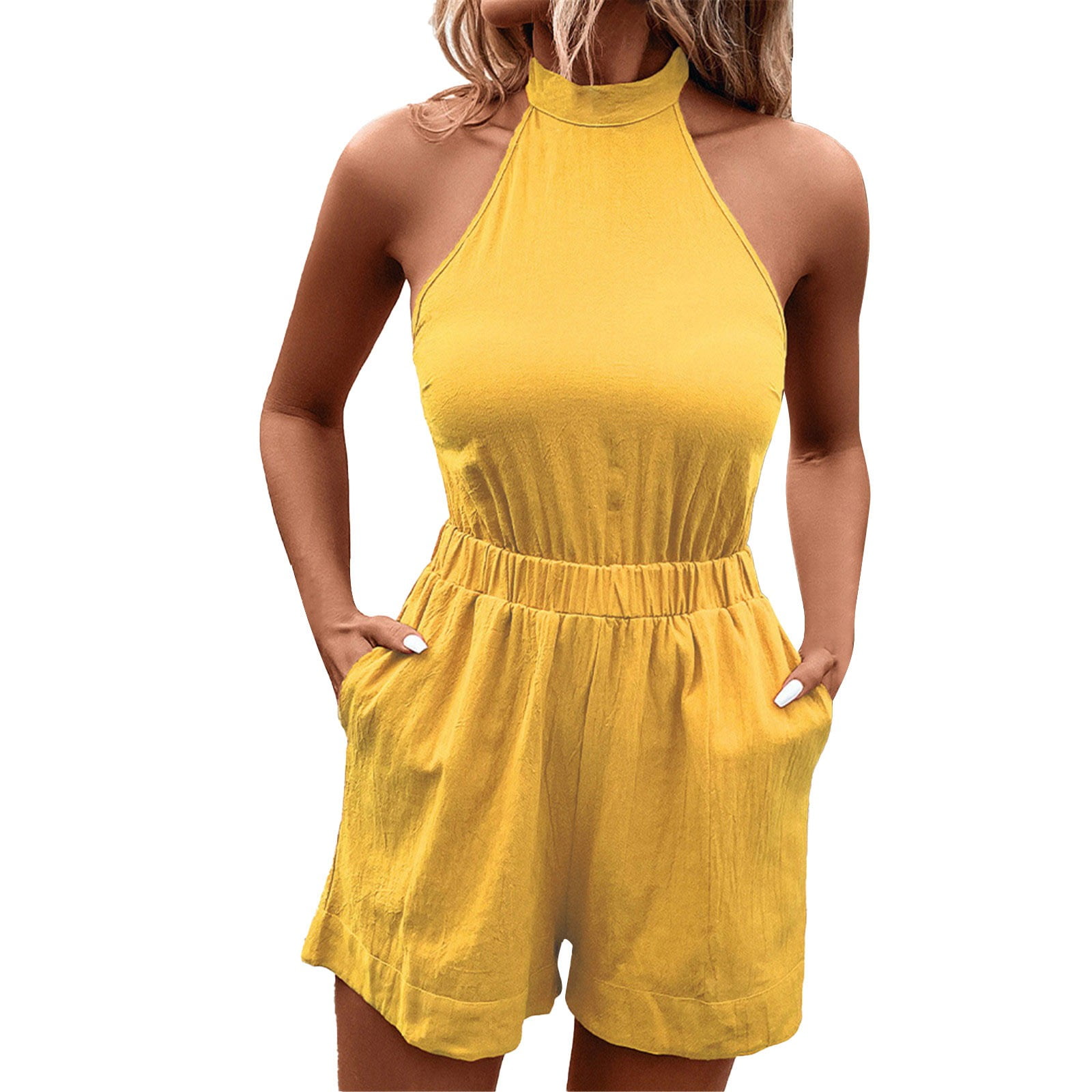 One Piece Solid Color Halter Neck Sleeveless Rompers,Women's