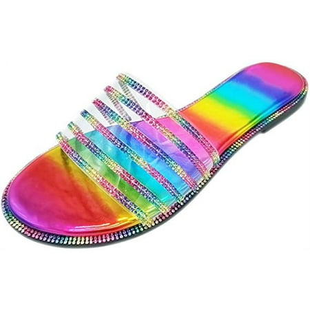 

Sandals for Women Rhinestone Flat Slippers Dressy Casual Summer Rainbow Beach Sandals Comfortable Jelly Ladies Shoes