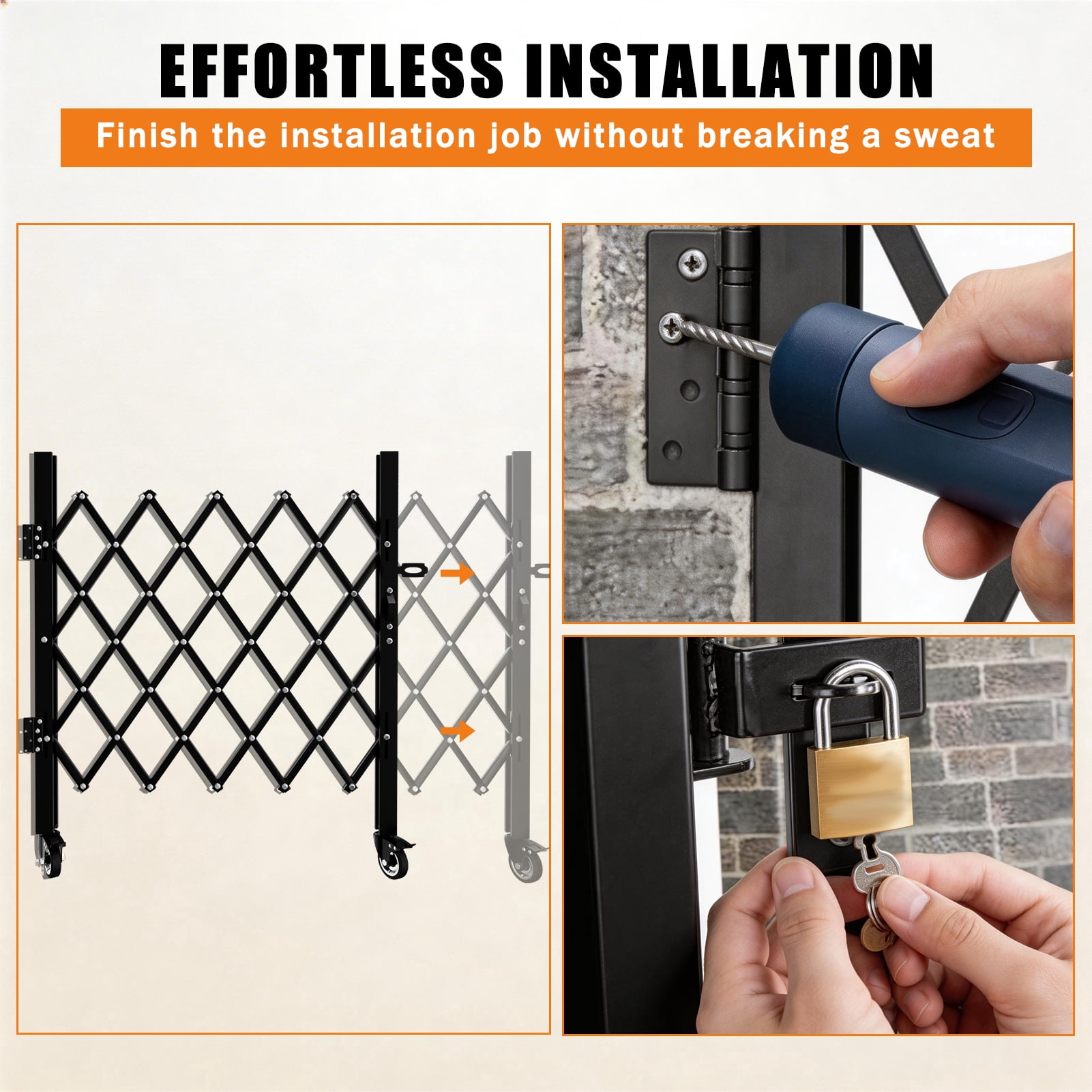 Foldable Security Gate, Expandable Safety Barrier with 360° Swivel Casters Lockable Design, Portable Mobile Rolling Barricade for Garage, Warehouse, Driveway and Pool Areas (51.57" H x 74" W)