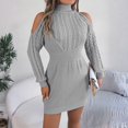 thumbnail image 3 of Women's Sweater Dress Knit Dress Off Shoulder Mock Neck Cable Knit Puff Sleeve Bodycon Winter Dress for Casual Party,Gray,L, 3 of 9