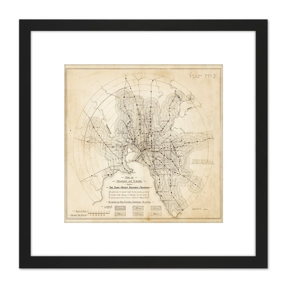 Map Transport Mmtb 1922 Melbourne Trams Trains Replica 8X8 Inch Square Wooden Framed Wall Art Print Picture with Mount