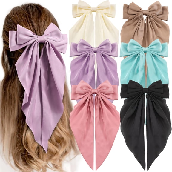 6 PCS Hair Bows for Women,Big Bow Hair Clips for Girls,Silky Satin Hair Bows Clips Oversized Long Tail,Large Cute Aesthetic Hair Accessories,Metal Bow Hair Clips Holiday Gifts