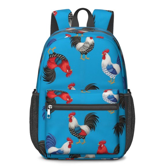 Rooster and Hen Blue Pattern 17" School Backpacks for Teens,Waterproof Oxford Fabric,S-Shape Padded Straps for School,Travel,Hiking,Camping
