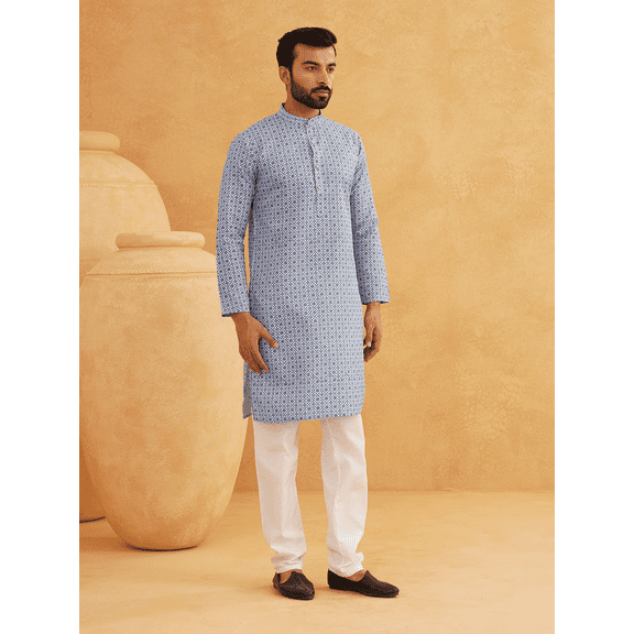 Sojanya (Since 1958) Men'S Cotton Linen Blue Foil Printed Kurta And White Pyjama Set