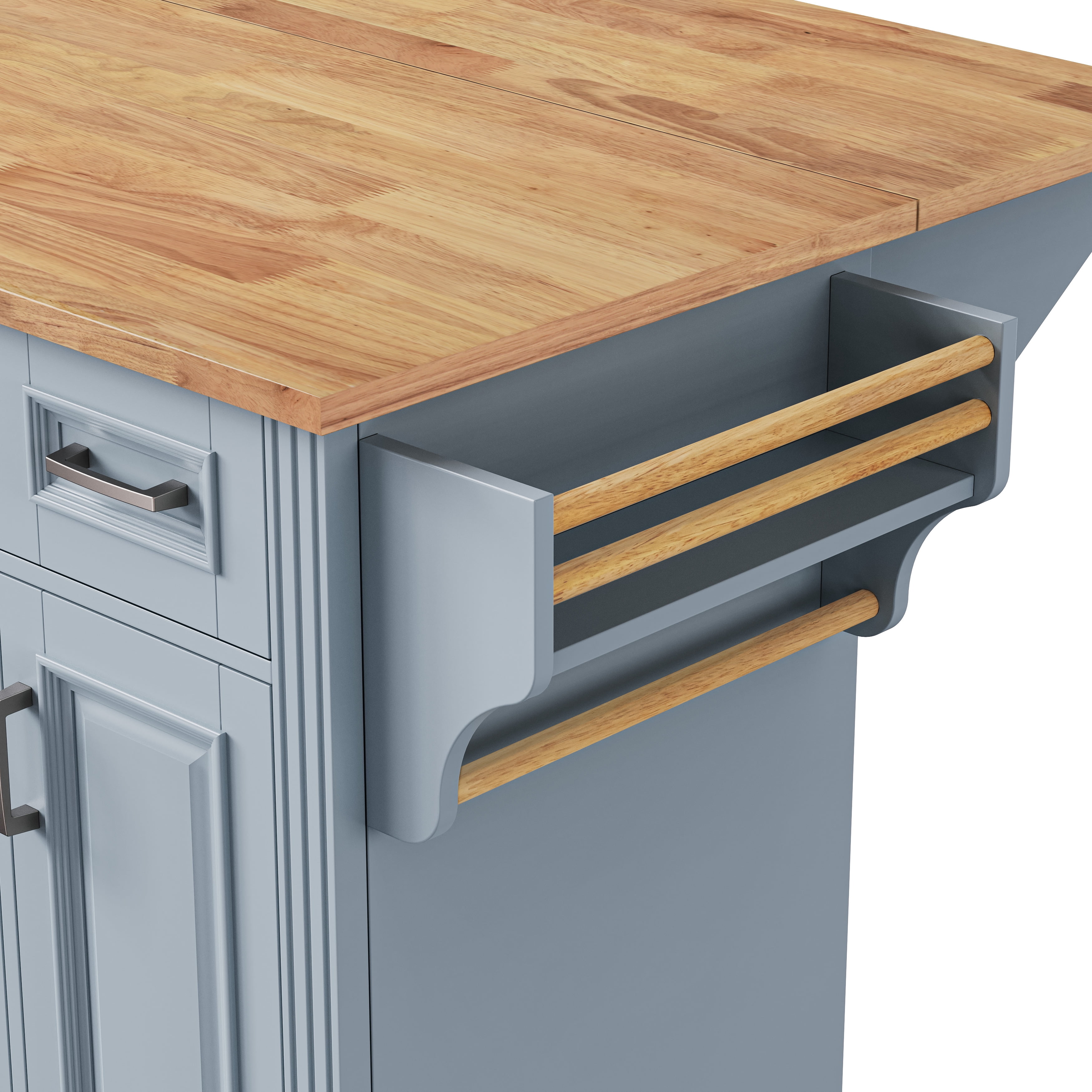 54inch Large Kitchen Island with Rubber Wood Drop Leaf, Embossed Texture Rolling Kitchen Cart on 4 Wheels with 4 Doors and 3 Drawers, Kitchen Island with Storage for Kitchen, Dining Room,Grey Blue