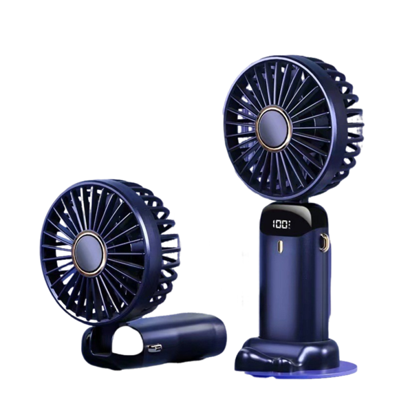 Mini Ventilateur de Bureau Pliable Bleu avec Écran LED, 5 Réglages de Vitesse, Rotation à 90°, Fonction Support de Téléphone et Sangle de Suspension - Ventilateur Portable Rechargeable USB 2,5 W avec Batterie au Lithium 3,7 V Intégrée