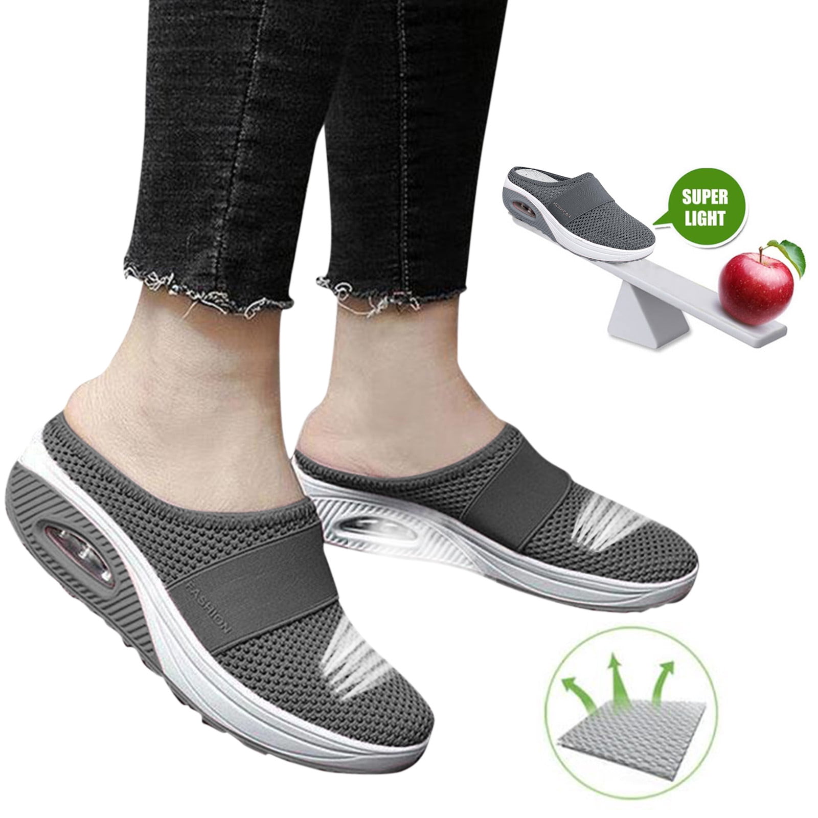 iOPQO Women's casual shoes Air Cushion Slip-On Orthopedic Diabetic Walking Shoes With Arch Support Knit Casual Comfort Outdoor Walking Casual Shoes Mesh Toe Half Dark Gray 39