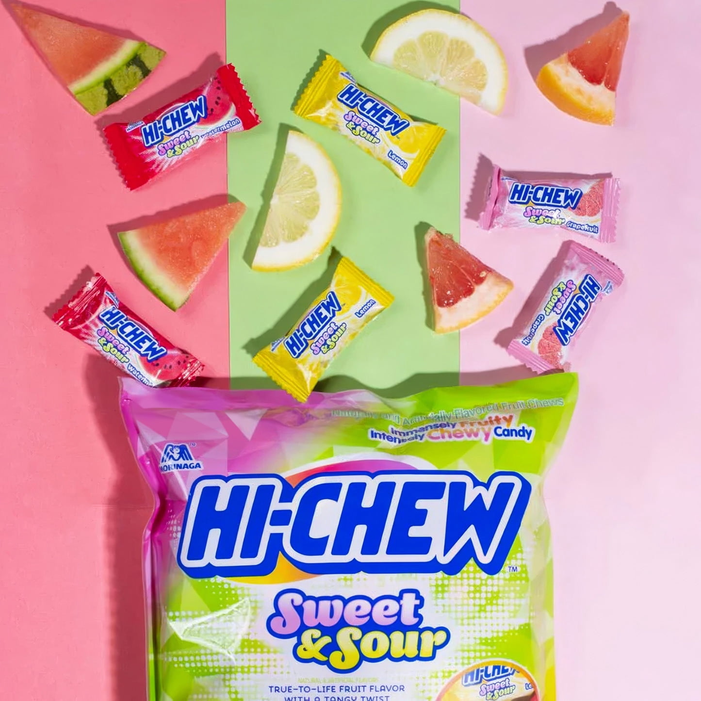 HI-CHEW Sweet and Sour Mix, Watermelon Lemon Grapefruit, 4 Stand Up Pouches, 12.7oz each, Fun Soft & Chewy Candy, Juicy Fruity Candy Flavors - Individually Wrapped for Sharing