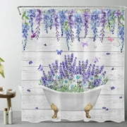 Butterfly and Floral Shower Curtain for Bathroom,White Daisy and Purple Lavender Eucalyptus Leaf Green Plant Fabric Shower Curtain with Hooks,Farmhouse Retro Bathroom Curtain Shower Set, 69x70 inches