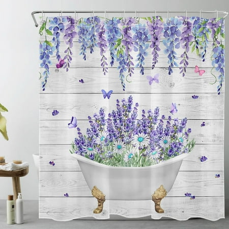 Butterfly and Floral Shower Curtain for Bathroom,White Daisy and Purple Lavender Eucalyptus Leaf Green Plant Fabric Shower Curtain with Hooks,Farmhouse Retro Bathroom Curtain Shower Set, 69x70 inches