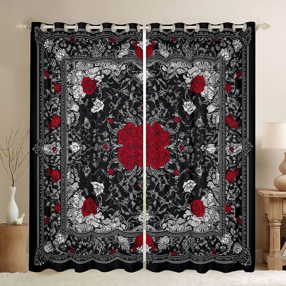 Homewish Hippie Bohemian Damask Curtains Pack of 2 (42x84 Each), Valentines Day Rose Floral Curtains Blackout, Western Gothic Romantic Bedroom Curtains, Blackout Curtains Home Decor