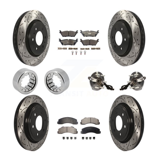 Transit Auto Front Rear Wheel Hub Bearing Assembly Coated Disc Brake Rotor and Ceramic Pads Shoe Kit (10Pc) for Car Ford F-150 with Electric Parking Left Right Side (Driver Passenger) KBB-111413
