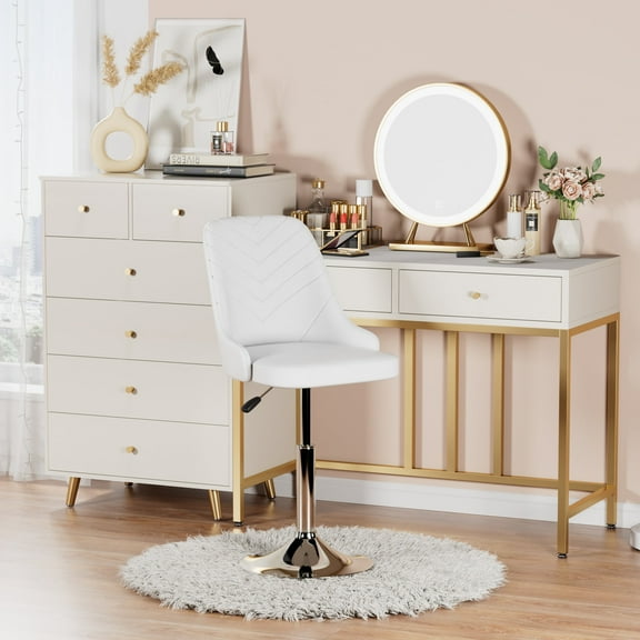 Javlergo Modern Swivel Accent Chair, Faux PU Adjustable Vanity Chairs Upholstered MakeUp Chair for Bedroom, White