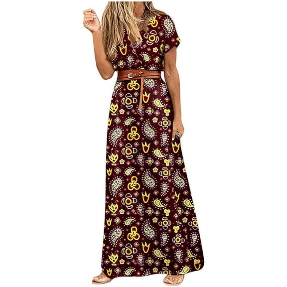 Enjoytime Sexy Summer Dresses for Women 2025 Fashion V Neck Maxi Long Beach A-Line Dress Short Sleeve Plus Size Boho Floral Dress for Women