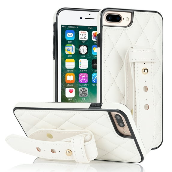 ELEHOLD Luxury Leather Case for iPhone 7 / 8 / SE 2022 & 2020 Premium Leather Case with Adjustable Non-Slip Wristband Full Body Case Shockproof protective Cover for Women Girls,white