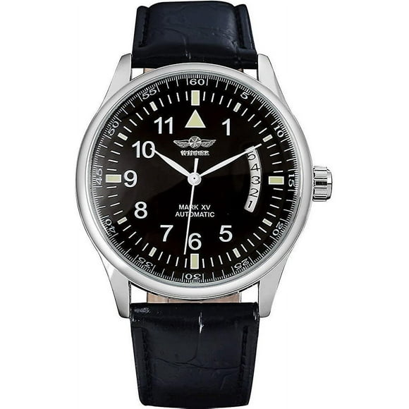 Men's Automatic Self Winding Watch Date Black Leather Watch