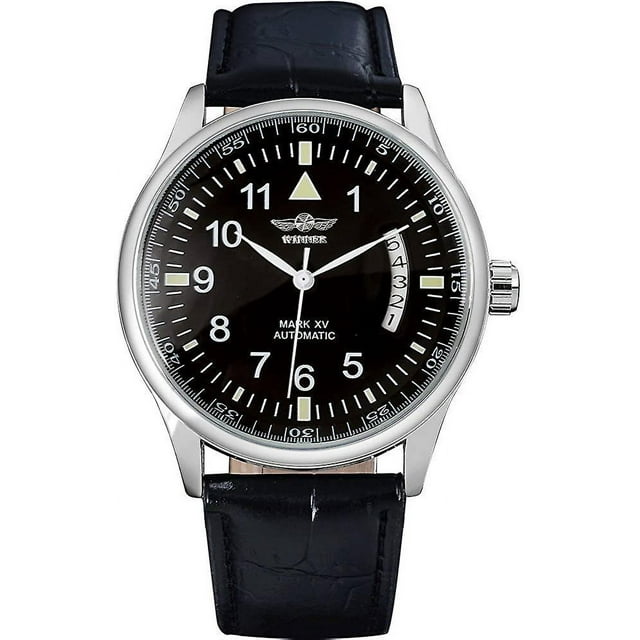 Men's Automatic Self Winding Watch Date Black Leather Watch