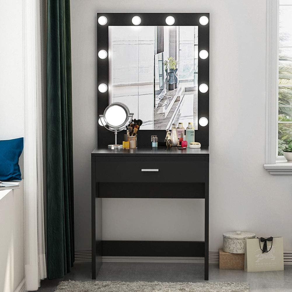 vanity with lights on mirror