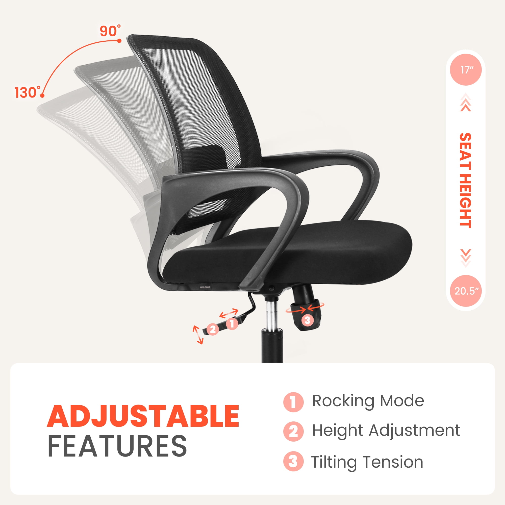 NEO Chair Office Desk Ergonomic Mesh Computer Chair with Lumbar Support Adjustable Height Swivel Rolling Wheels Comfy Mid Back Task Chair for Home Bedroom Vanity Study (Black)