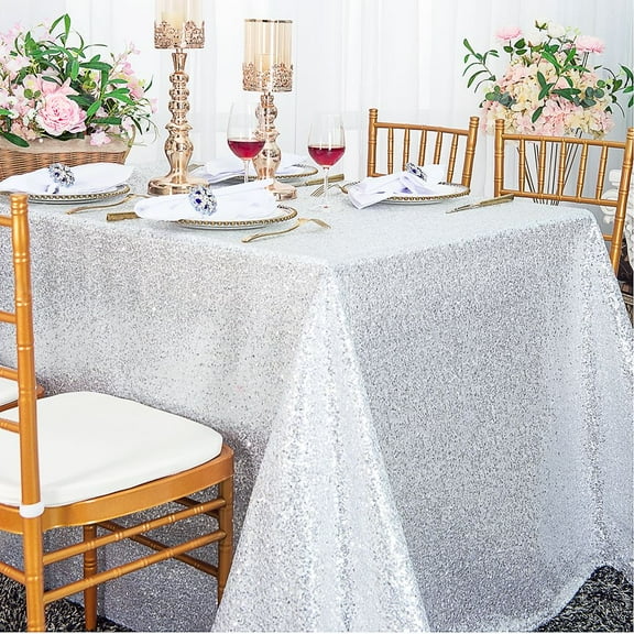 Wedding Linens Inc. 90" x 132" Retangular Sequin Taffeta Tablecloth - Platinum