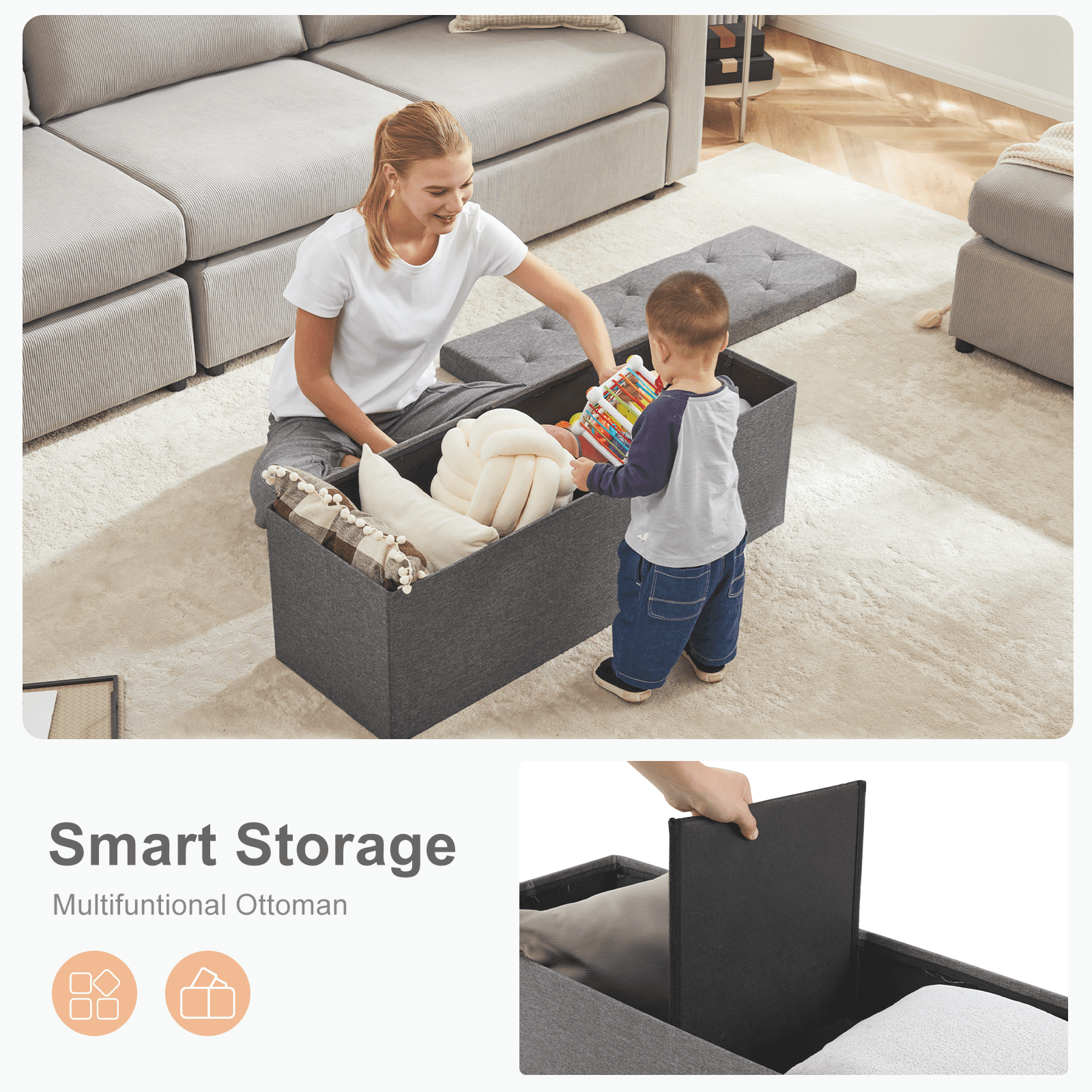 MAYEERTY Storage Ottoman with Thicker Foam Padded Seat, Folding Foot Rest for Living Room End of Bed Bench