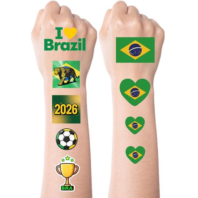 Tatuajes temporales de la bandera de Brasil CLEAFF, 10 hojas, 45 piezas