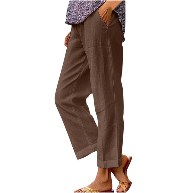 Dealovy Womens Cotton Linen Pants Plus Size Elastic High Waisted Solid Color Lightweight Summer Trousers