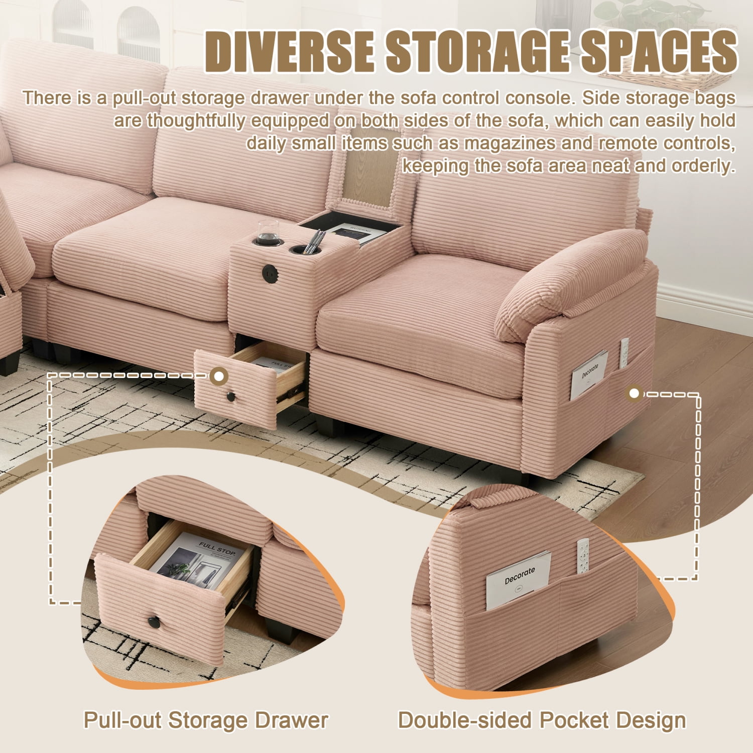 Leumius L-Shaped Sectional Sofa for Living Room,105" Modular 4-Seater Upholstered Sofa Couch with Cup Holder/USB Interface/Storage Box,Pink