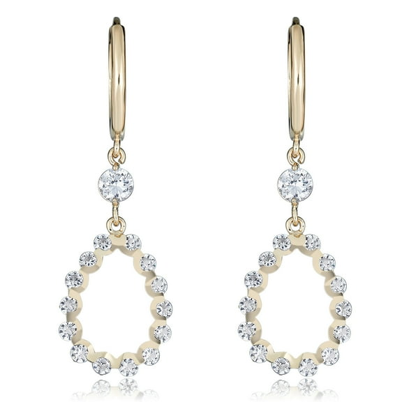AVORA 14K Yellow Gold Dangling Simulated Diamond CZ Open Teardrop Huggie Hoop Earrings