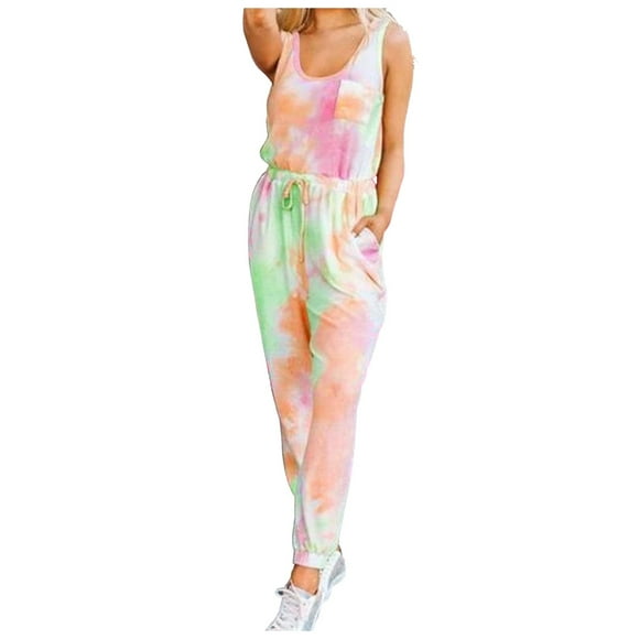 Jumpsuits Overalls for Women Casual Adjustable Straps Sleeveless Tie-Dye Printed Round Neck Long Pants Drawstring Loose Summer Rompers Jumpers with Pockets
