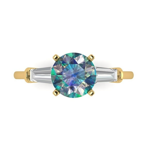 2 ctw 3 Stone Anniversary Ring for Women | Round Cut Blue Moissanite | Hyperallergenic Solid 14K Yellow Gold