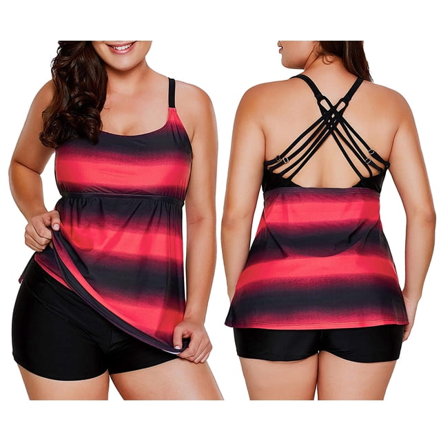 Traje de baño Tankini para mujer, traje de baño de 3 piezas, parte inferior corta Adepaton FLD-2677
