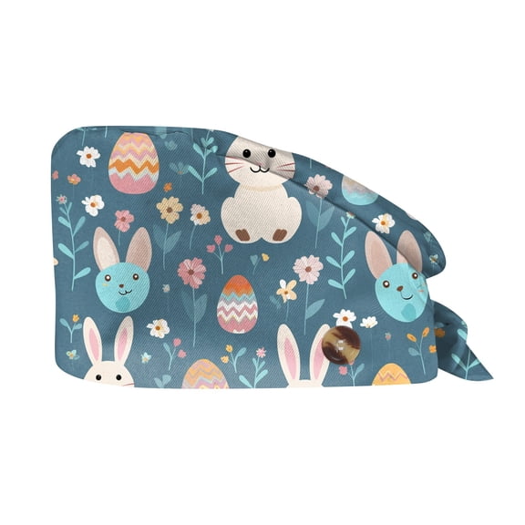 Easter Scrub Cap for Women Bunny Colorful Egg Print Adjustable Scrub Hats Bouffant Surgical Caps Ponytail Nurse Hat Blue