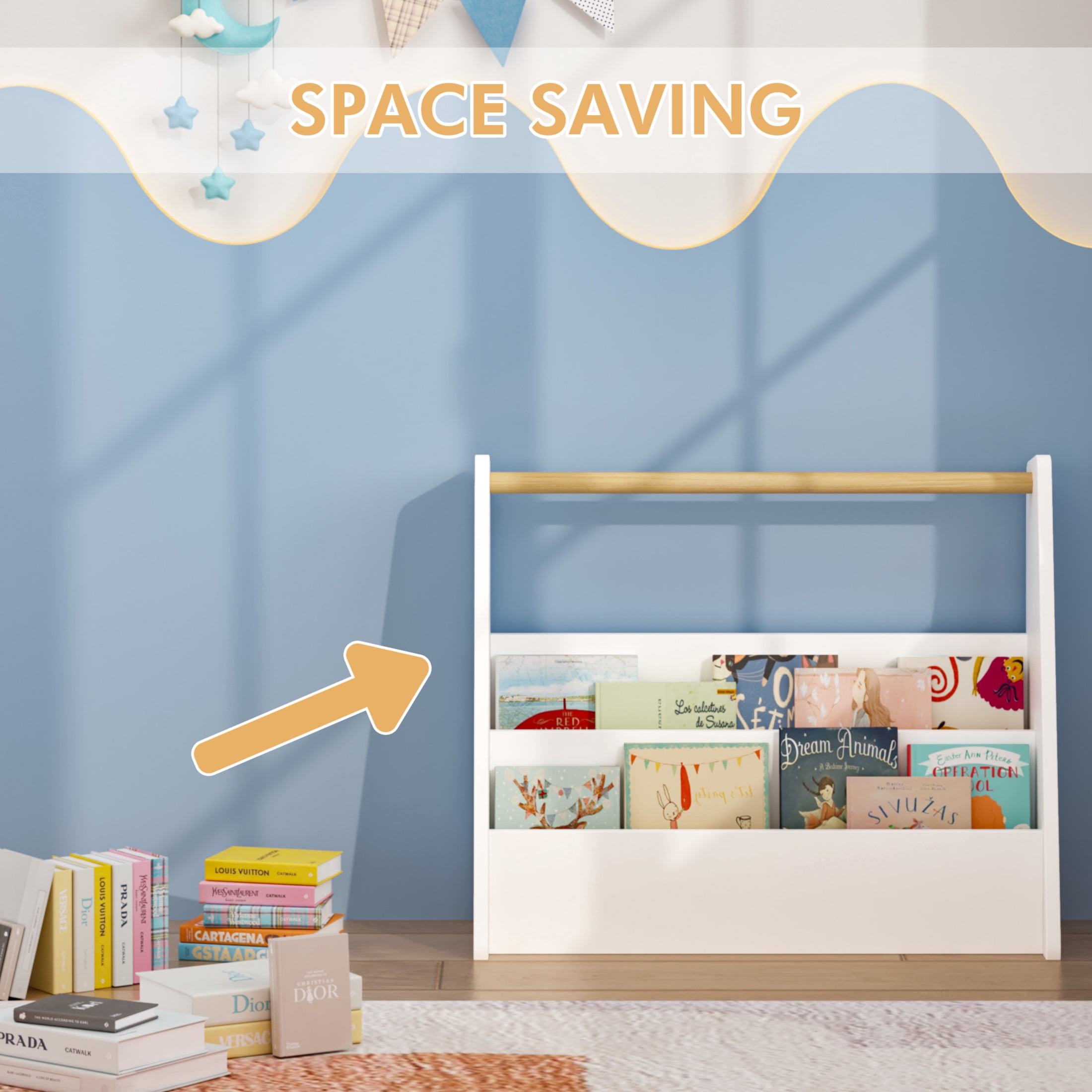 Noble House Prix 2-Tier Front-Facing Toddler Bookshelf with Portable Wooden Handle, Kids Book Storage Organizer, White