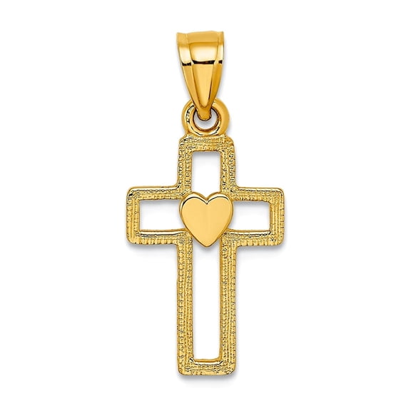10mm 14k Gold Religious Faith Cross With Love Heart Cut-out Pendant Necklace for Women